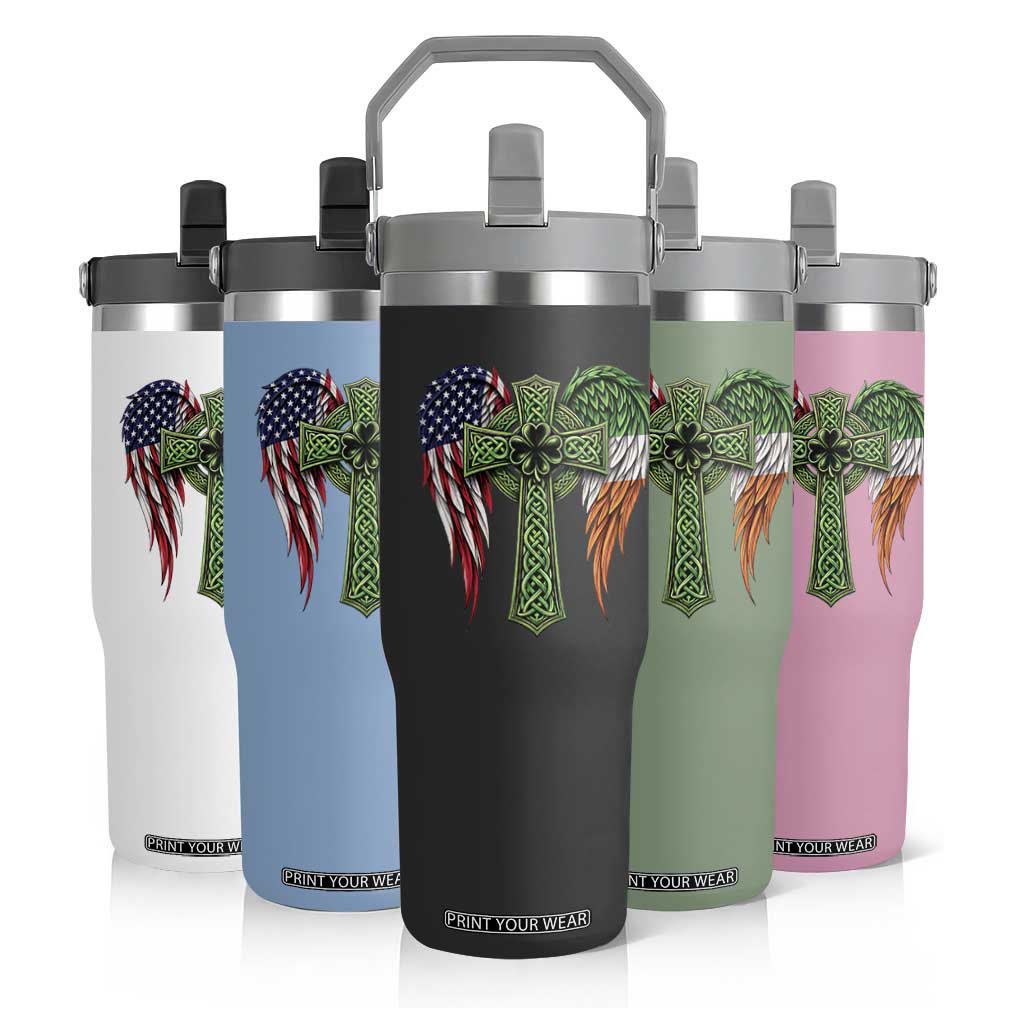 USA Flag Celtic Cross Irish American Flip Straw Tumbler St Patricks Day Gift TS12 Print Your Wear