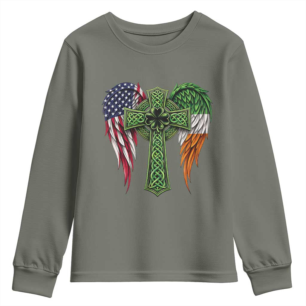 USA Flag Celtic Cross Irish American Youth Sweatshirt St Patricks Day Gift TS12 Military Green Print Your Wear
