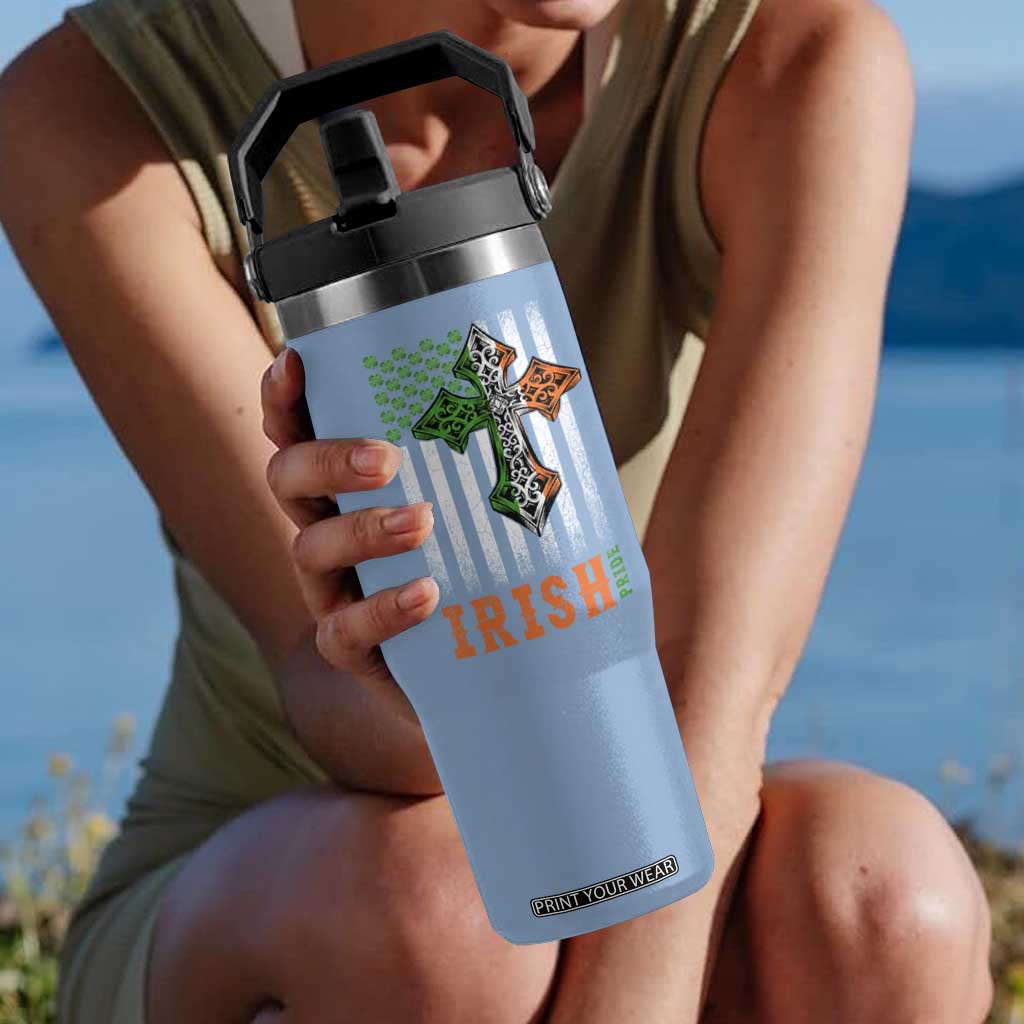 Irish American Pride Celtic Cross USA Flag Flip Straw Tumbler St Patricks Day Gift TS12 One Size: 30 oz Light Blue Print Your Wear