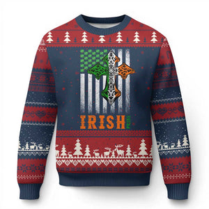 Irish American Pride Celtic Cross USA Flag Ugly Christmas Sweater St Patricks Day Gift TS12 Navy Red Print Your Wear