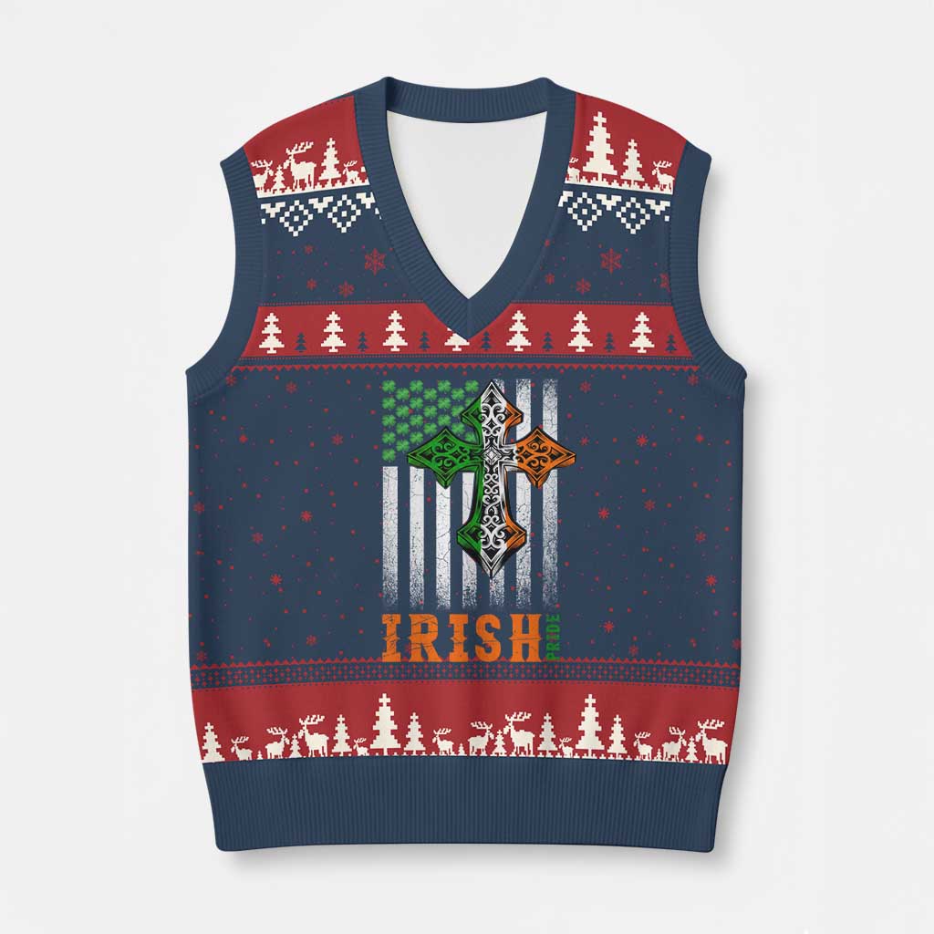 Irish American Pride Celtic Cross USA Flag V-Neck Knit Sweater Vest St Patricks Day Gift TS12 Navy Red Print Your Wear