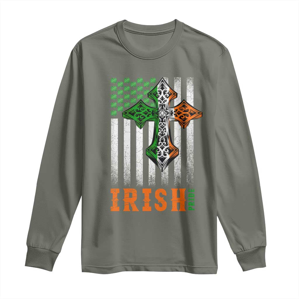 Irish American Pride Celtic Cross USA Flag Long Sleeve Shirt St Patricks Day Gift TS12 Military Green Print Your Wear