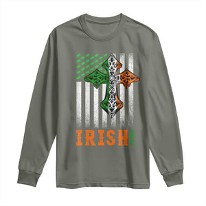 Irish American Pride Celtic Cross USA Flag Long Sleeve Shirt St Patricks Day Gift TS12 Military Green Print Your Wear