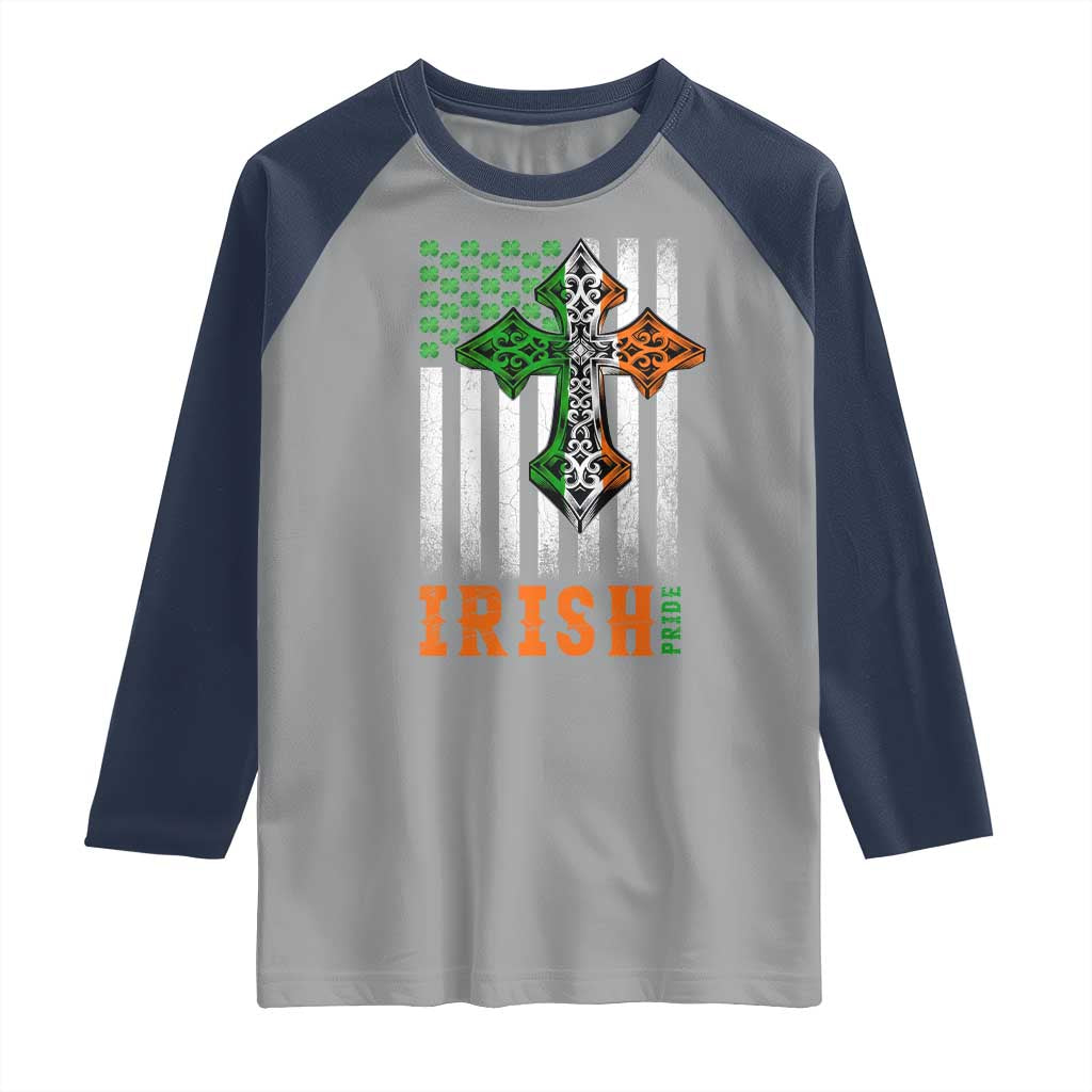 Irish American Pride Celtic Cross USA Flag Raglan Shirt St Patricks Day Gift TS12 Sport Gray Navy Print Your Wear
