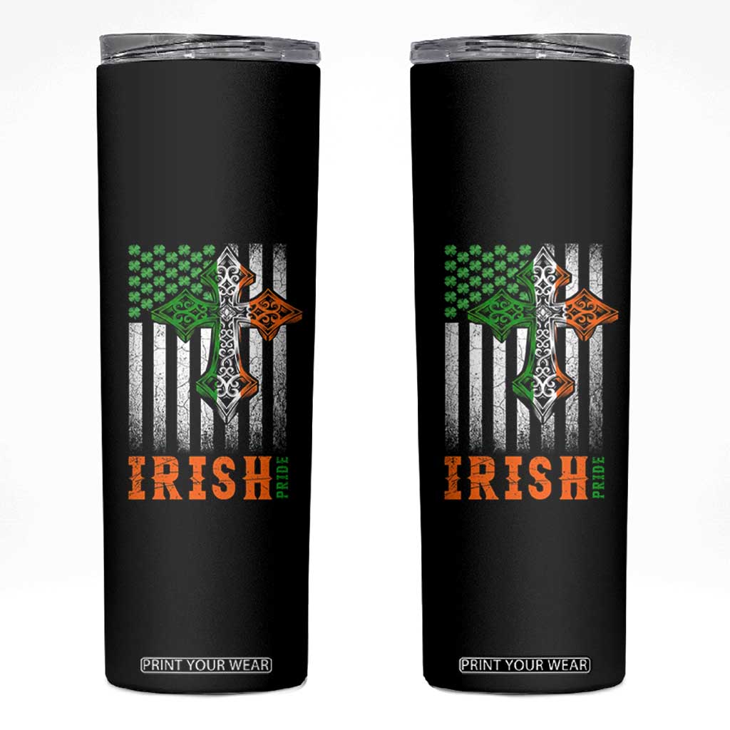 Irish American Pride Celtic Cross USA Flag Skinny Tumbler St Patricks Day Gift TS12 Black Print Your Wear