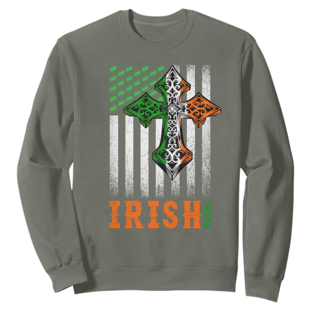 Irish American Pride Celtic Cross USA Flag Sweatshirt St Patricks Day Gift TS12 Military Green Print Your Wear
