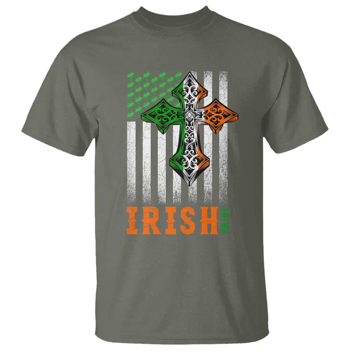 Irish American Pride Celtic Cross USA Flag T Shirt St Patricks Day Gift TS12 Military Green Print Your Wear