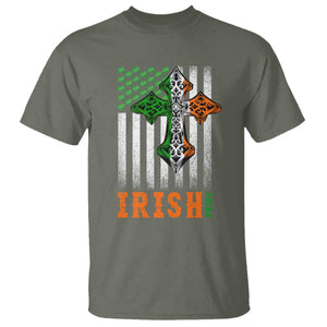 Irish American Pride Celtic Cross USA Flag T Shirt St Patricks Day Gift TS12 Military Green Print Your Wear