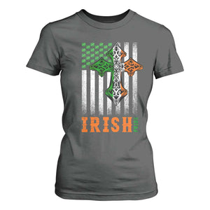 Irish American Pride Celtic Cross USA Flag T Shirt For Women St Patricks Day Gift TS12 Dark Heather Print Your Wear
