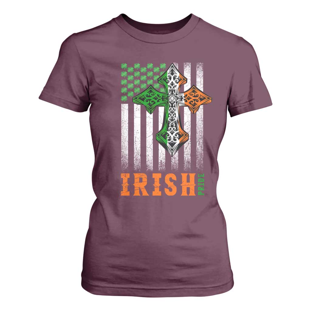 Irish American Pride Celtic Cross USA Flag T Shirt For Women St Patricks Day Gift TS12 Maroon Print Your Wear