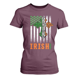 Irish American Pride Celtic Cross USA Flag T Shirt For Women St Patricks Day Gift TS12 Maroon Print Your Wear