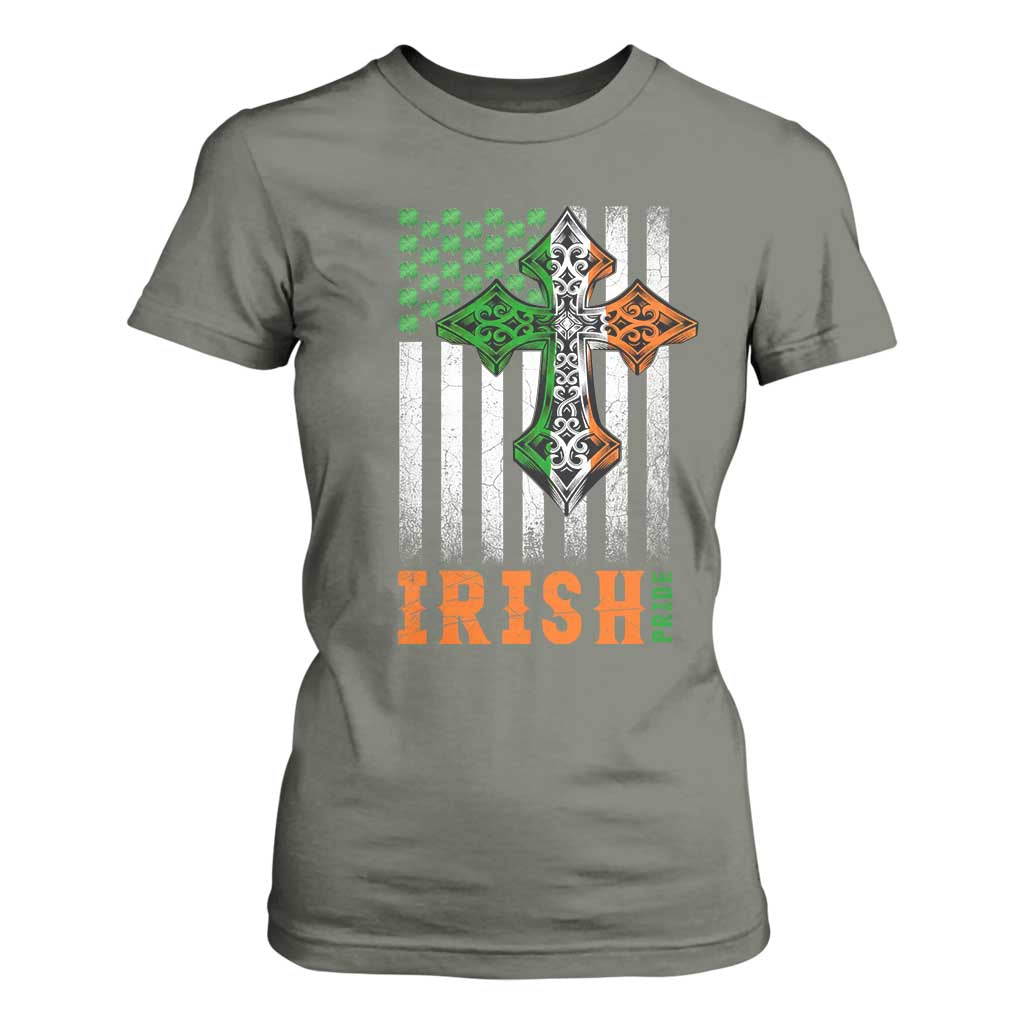 Irish American Pride Celtic Cross USA Flag T Shirt For Women St Patricks Day Gift TS12 Military Green Print Your Wear