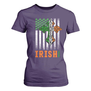 Irish American Pride Celtic Cross USA Flag T Shirt For Women St Patricks Day Gift TS12 Purple Print Your Wear