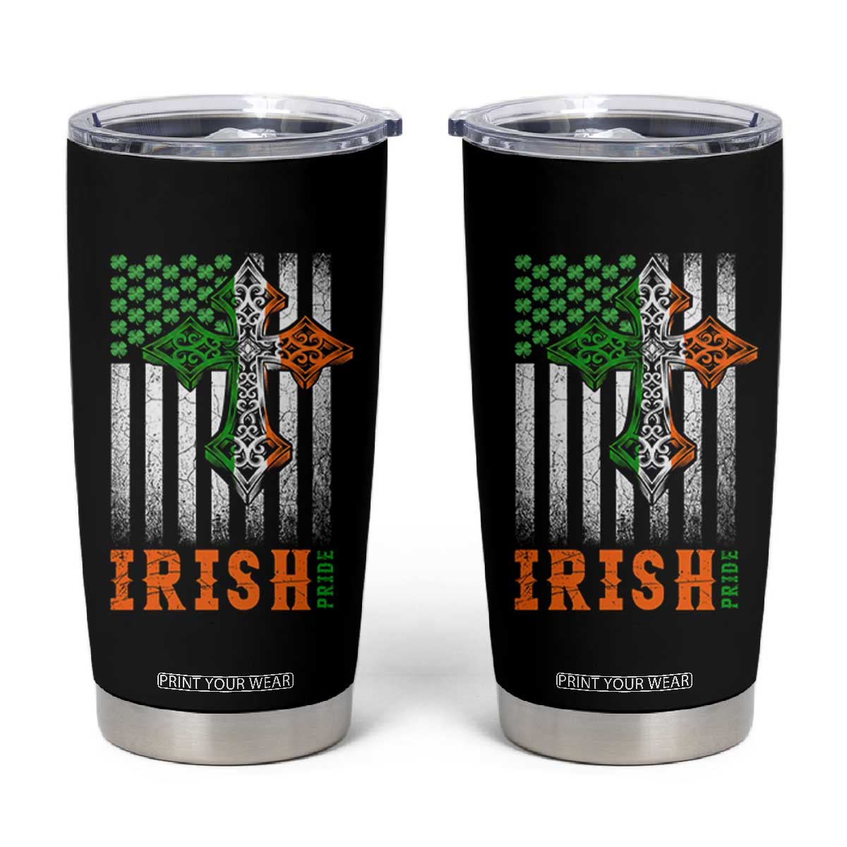 Irish American Pride Celtic Cross USA Flag Tumbler Cup St Patricks Day Gift TS12 Black Print Your Wear