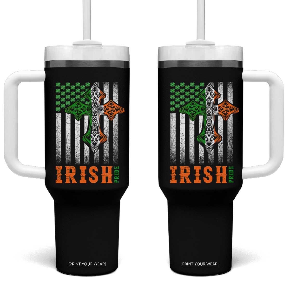 Irish American Pride Celtic Cross USA Flag Tumbler With Handle St Patricks Day Gift TS12 One Size: 40 oz Black Print Your Wear
