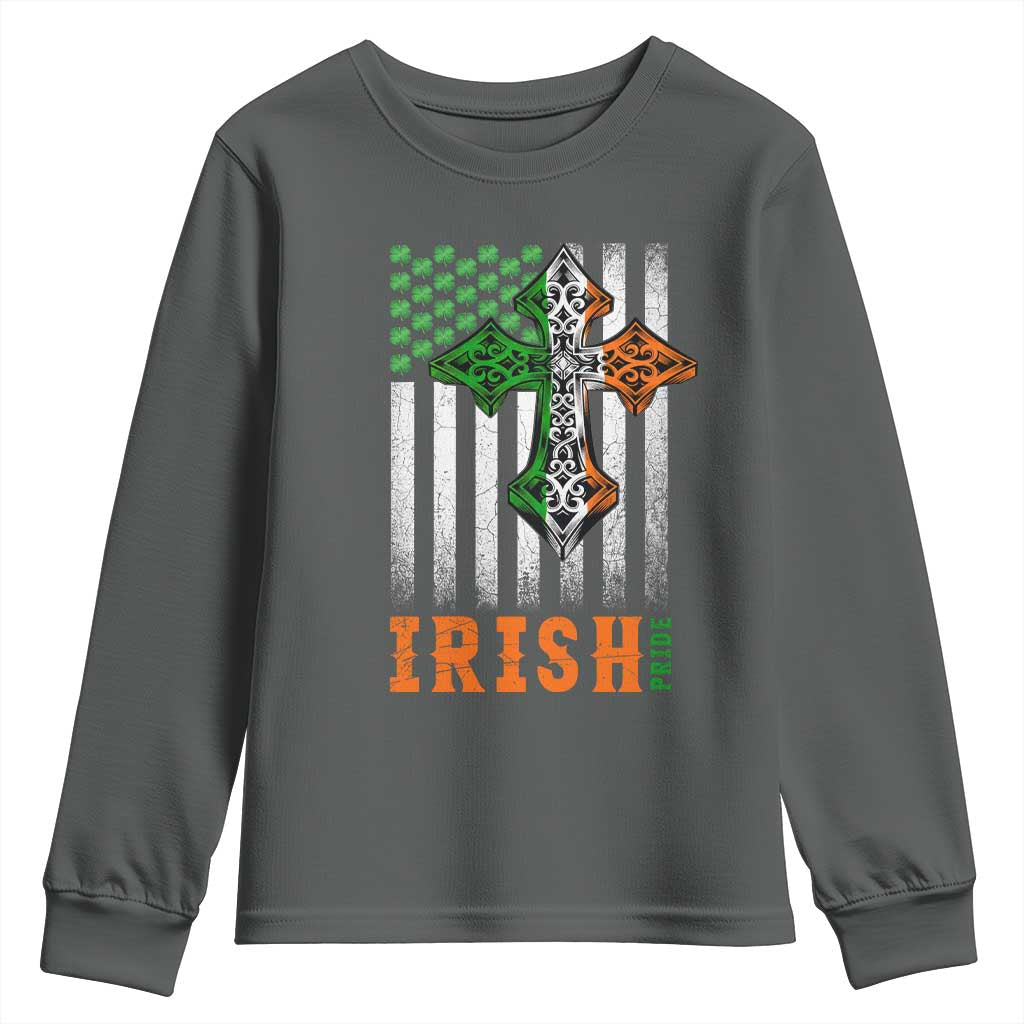 Irish American Pride Celtic Cross USA Flag Youth Sweatshirt St Patricks Day Gift TS12 Dark Heather Print Your Wear