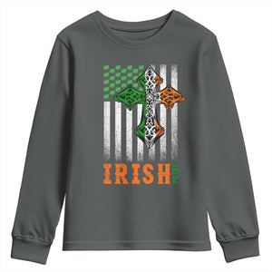 Irish American Pride Celtic Cross USA Flag Youth Sweatshirt St Patricks Day Gift TS12 Dark Heather Print Your Wear