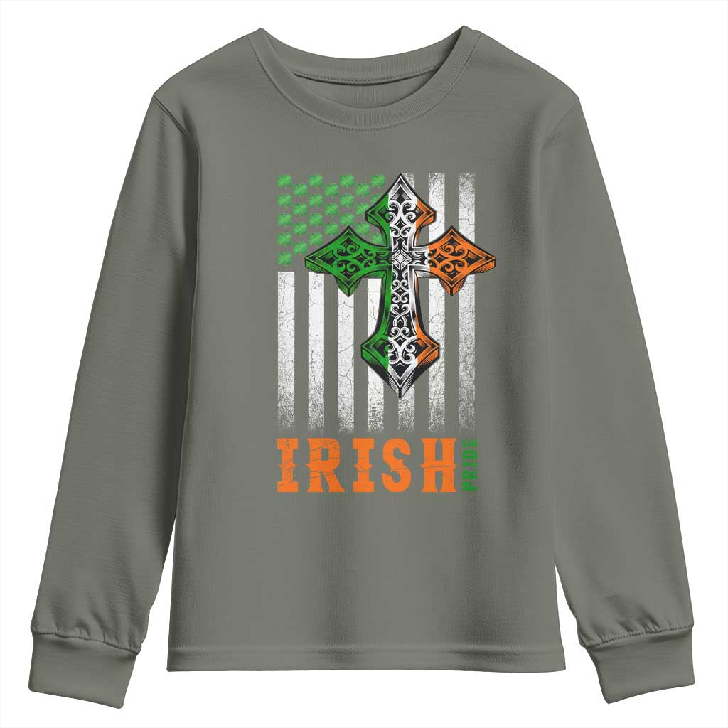 Irish American Pride Celtic Cross USA Flag Youth Sweatshirt St Patricks Day Gift TS12 Military Green Print Your Wear