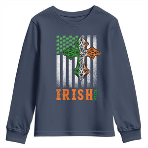 Irish American Pride Celtic Cross USA Flag Youth Sweatshirt St Patricks Day Gift TS12 Navy Print Your Wear