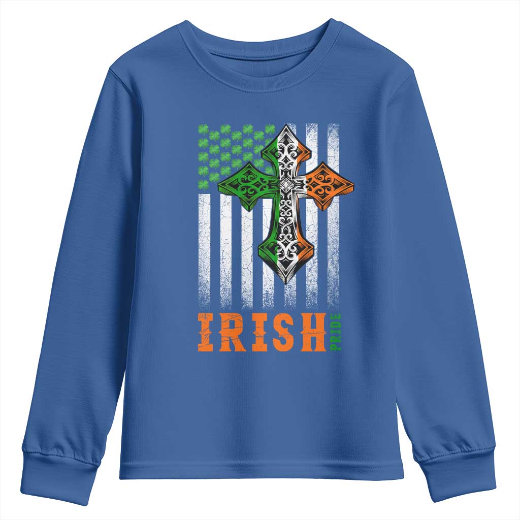 Irish American Pride Celtic Cross USA Flag Youth Sweatshirt St Patricks Day Gift TS12 Royal Blue Print Your Wear