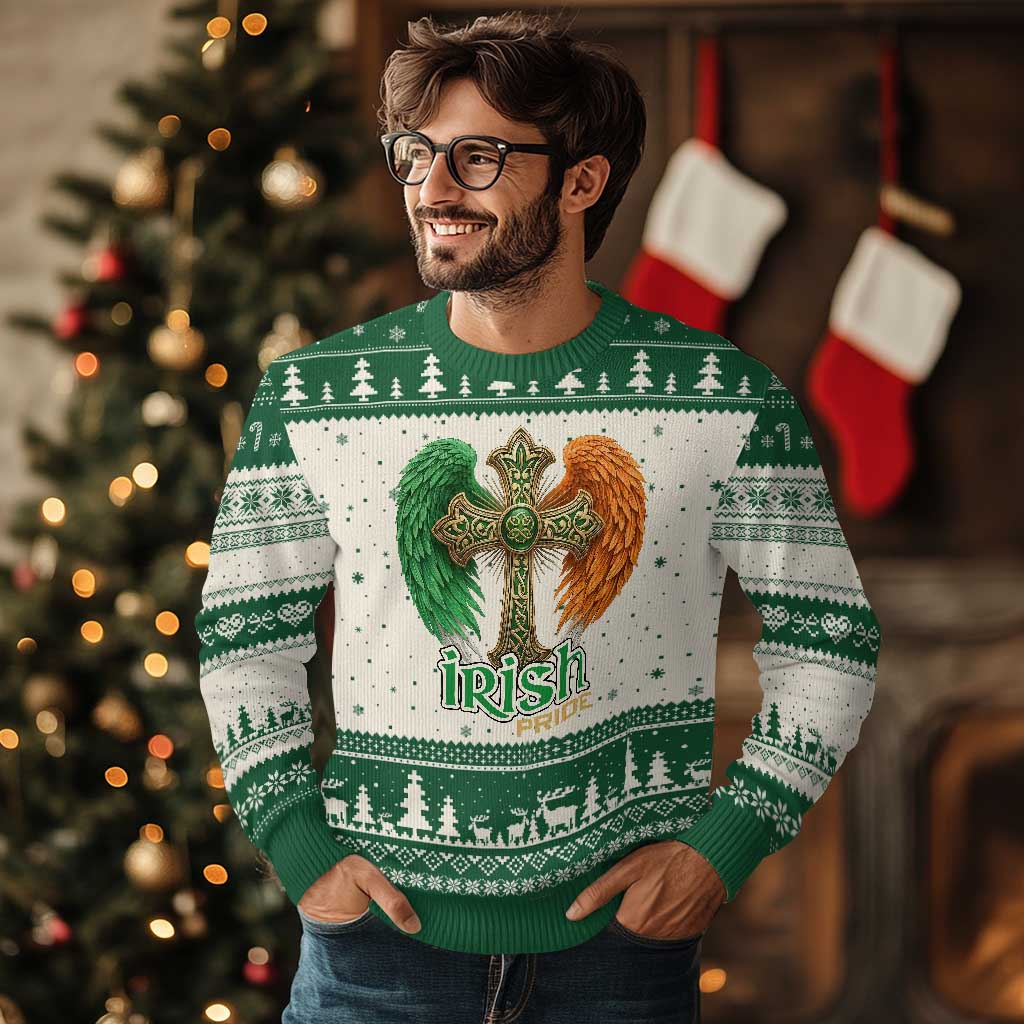 Irish Pride Celtic Cross Ugly Christmas Sweater Christian Gift TS12 Beige Green Print Your Wear