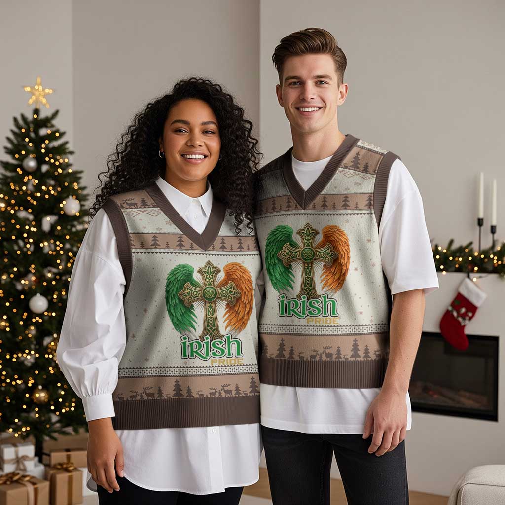 Irish Pride Celtic Cross V-Neck Knit Sweater Vest Christian Gift TS12 Mocha Mousse Print Your Wear