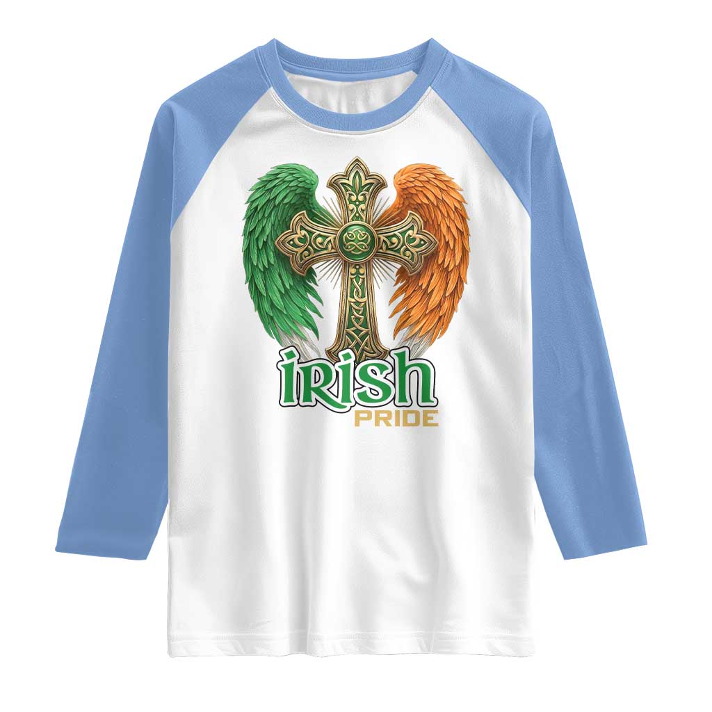 Irish Pride Celtic Cross Raglan Shirt Christian Gift TS12 White Carolina Blue Print Your Wear