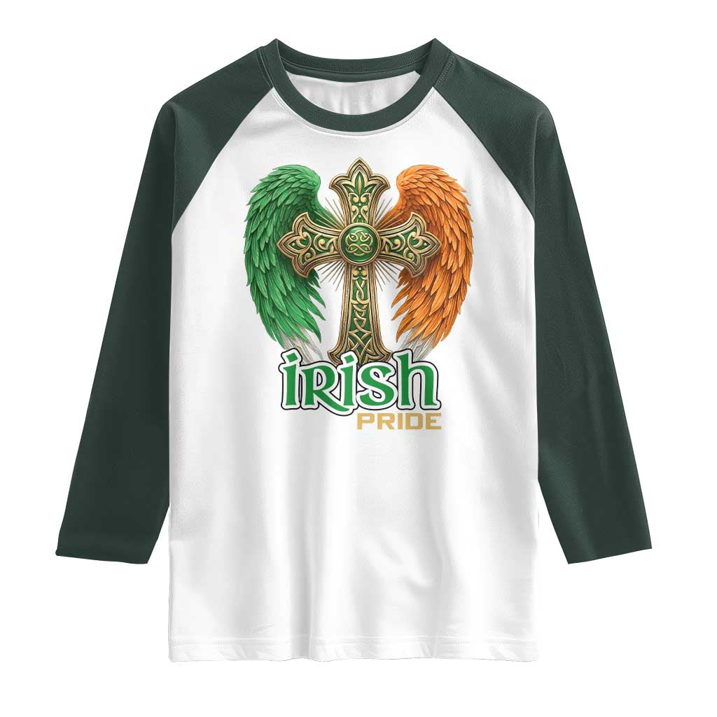 Irish Pride Celtic Cross Raglan Shirt Christian Gift TS12 White Dark Forest Green Print Your Wear