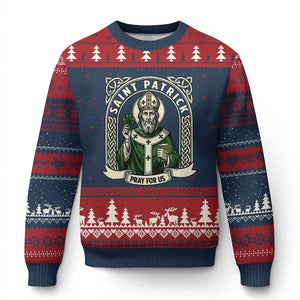 Saint Patrick Pray For Us Ugly Christmas Sweater St Patricks Day Religious Gift TS12 Navy Red Print Your Wear