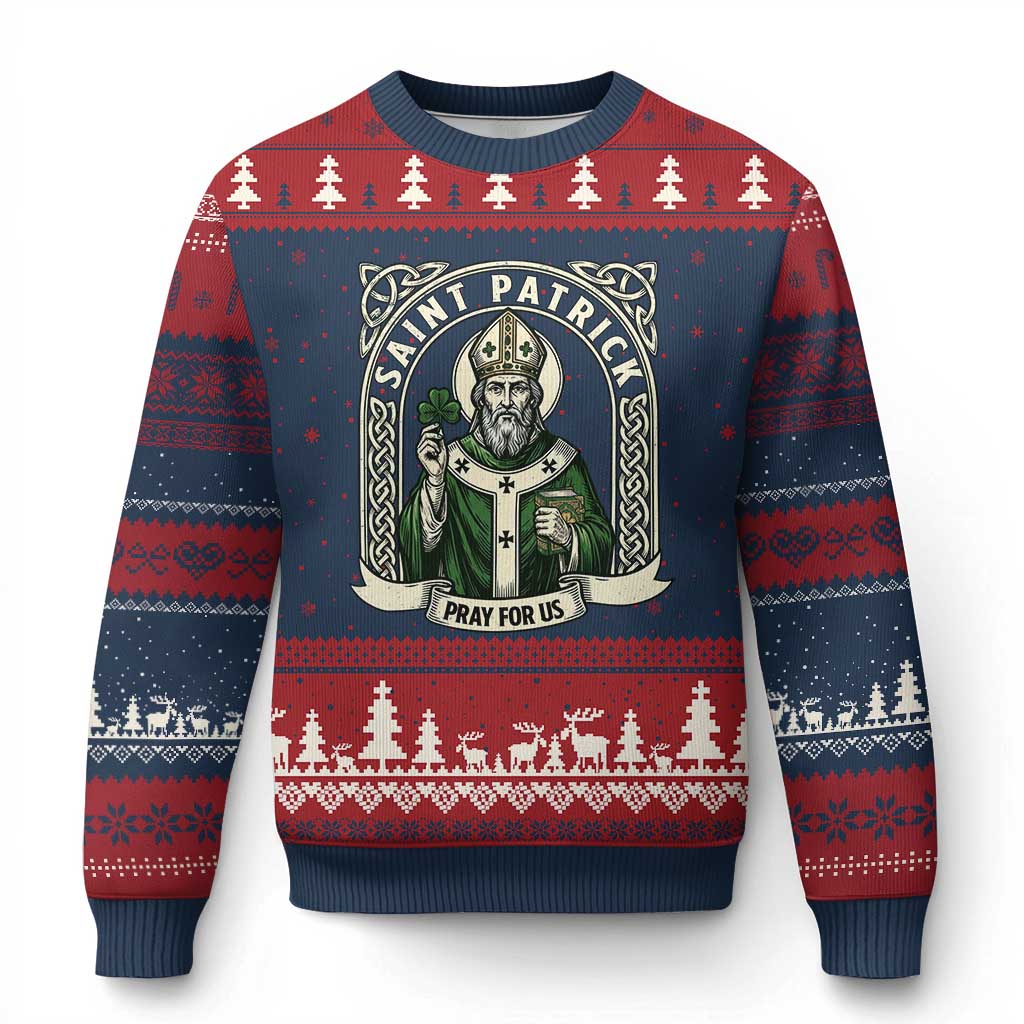 Saint Patrick Pray For Us Ugly Christmas Sweater St Patricks Day Religious Gift TS12 Navy Red Print Your Wear