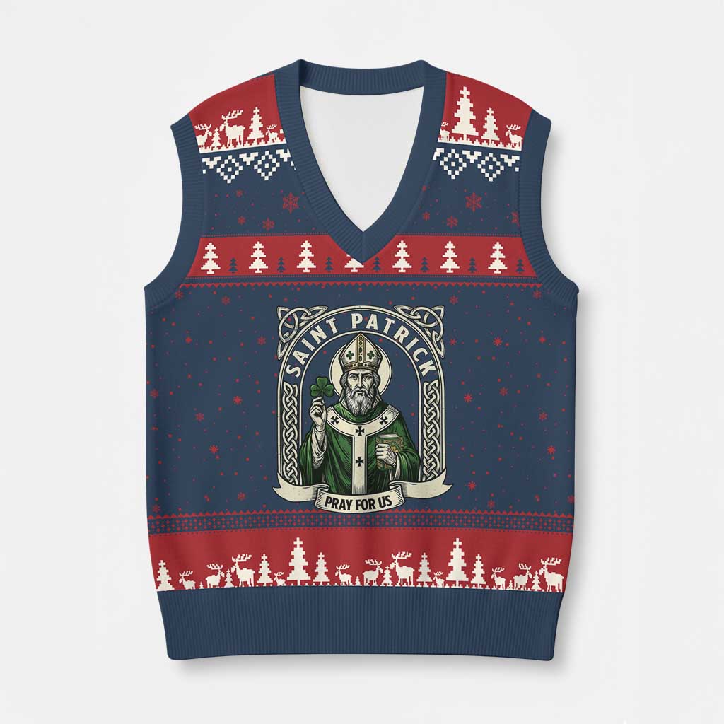 Saint Patrick Pray For Us V-Neck Knit Sweater Vest St Patricks Day Religious Gift TS12 Navy Red Print Your Wear