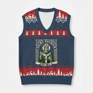 Saint Patrick Pray For Us V-Neck Knit Sweater Vest St Patricks Day Religious Gift TS12 Navy Red Print Your Wear