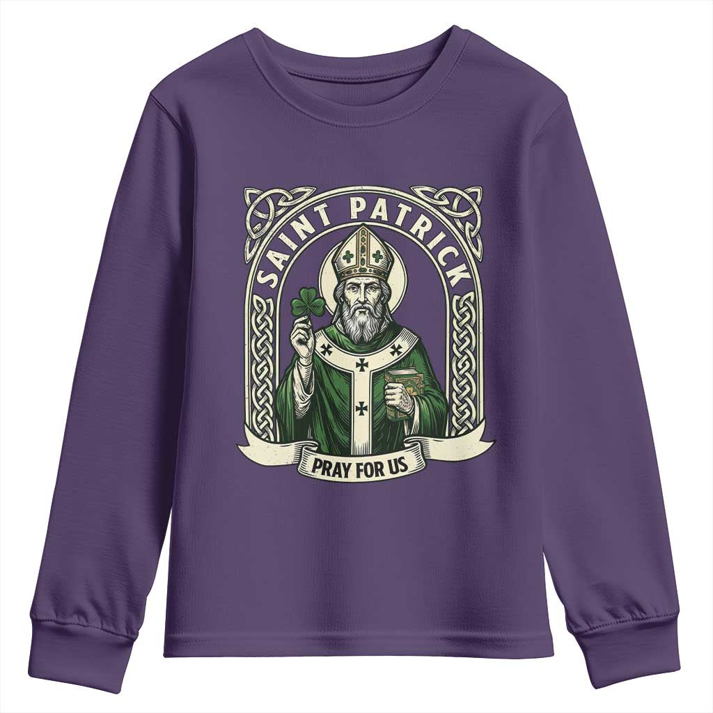 Saint Patrick Pray For Us Youth Sweatshirt St Patricks Day Religious Gift TS12 Purple Print Your Wear