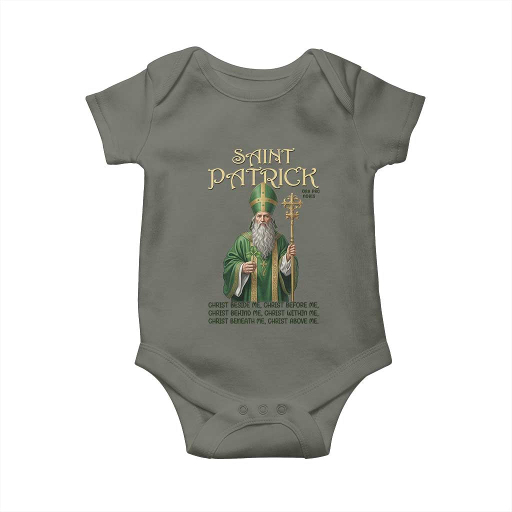 Saint Patrick Ora Pro Nobis Baby Onesie Irish Christian Prayer TS12 Military Green Print Your Wear