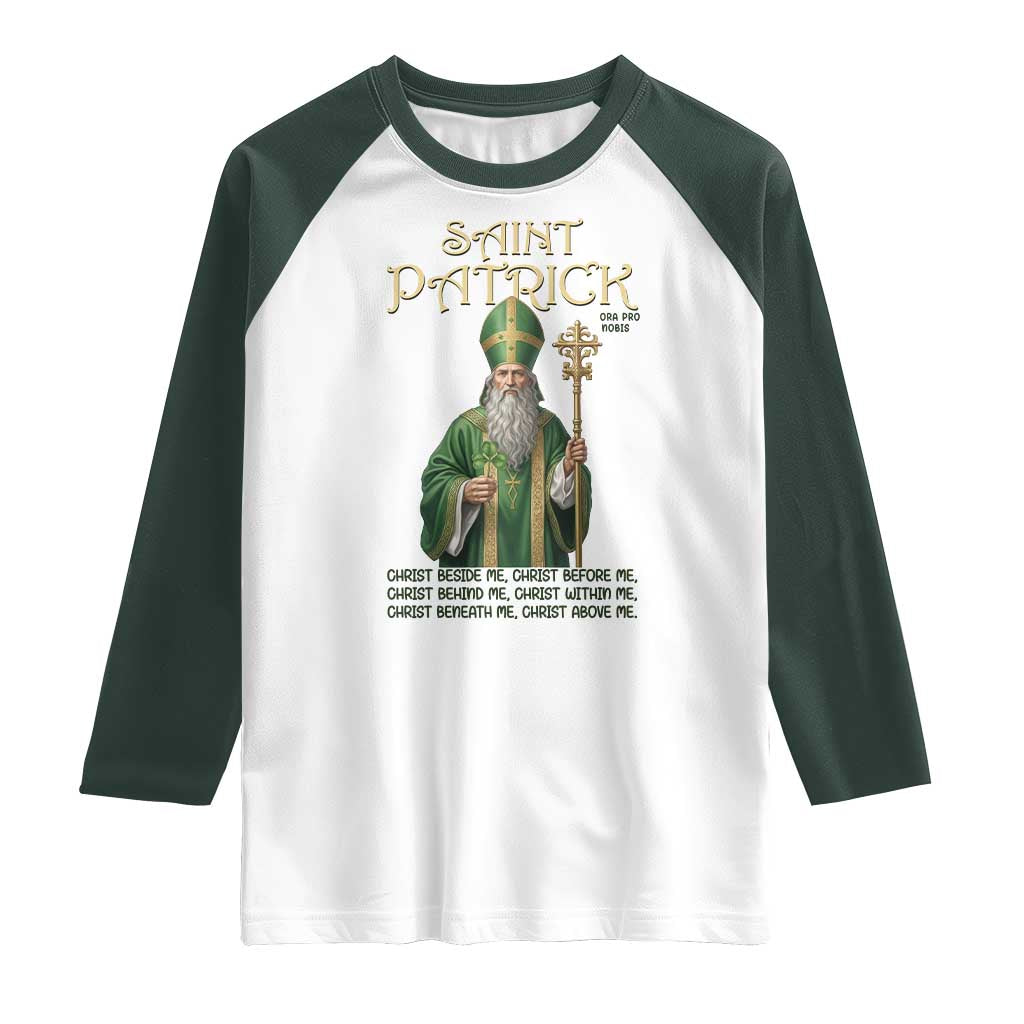 Saint Patrick Ora Pro Nobis Raglan Shirt Irish Christian Prayer TS12 White Dark Forest Green Print Your Wear