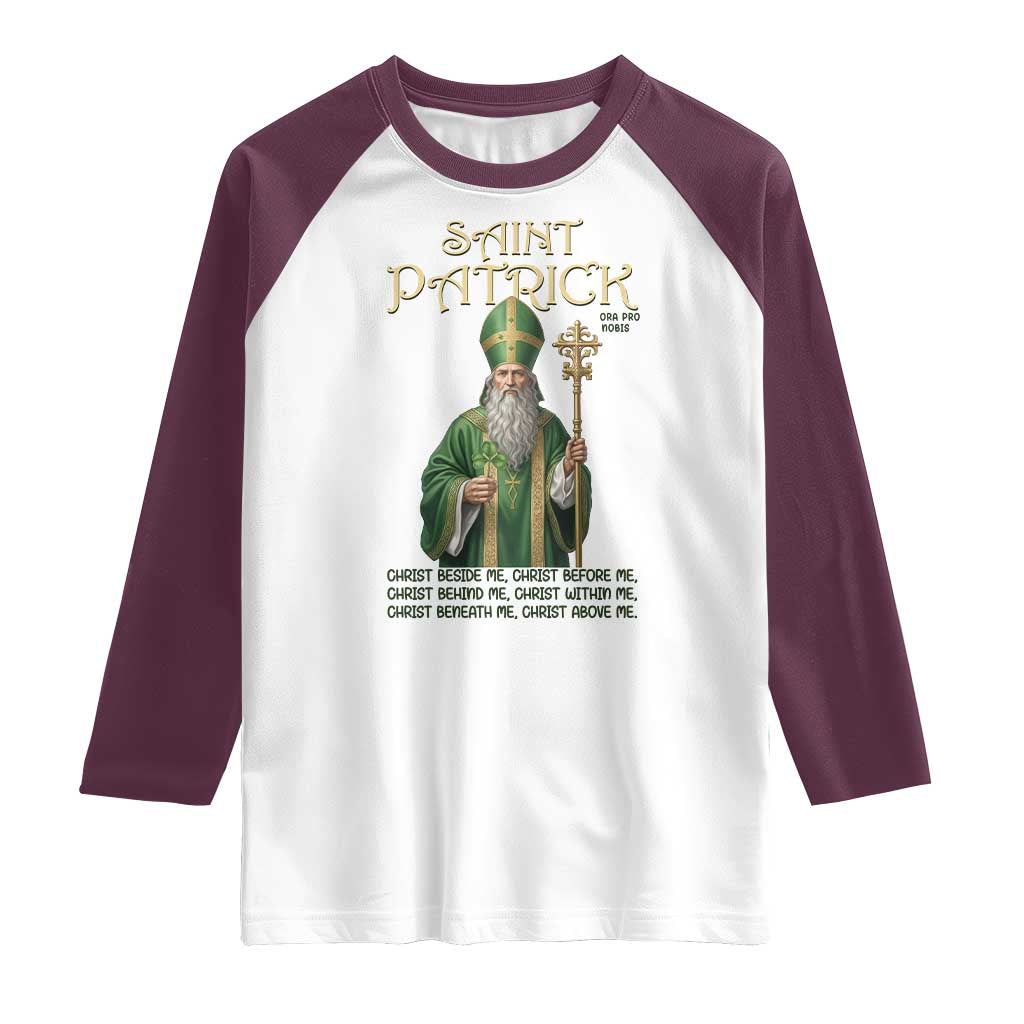 Saint Patrick Ora Pro Nobis Raglan Shirt Irish Christian Prayer TS12 White Maroon Print Your Wear