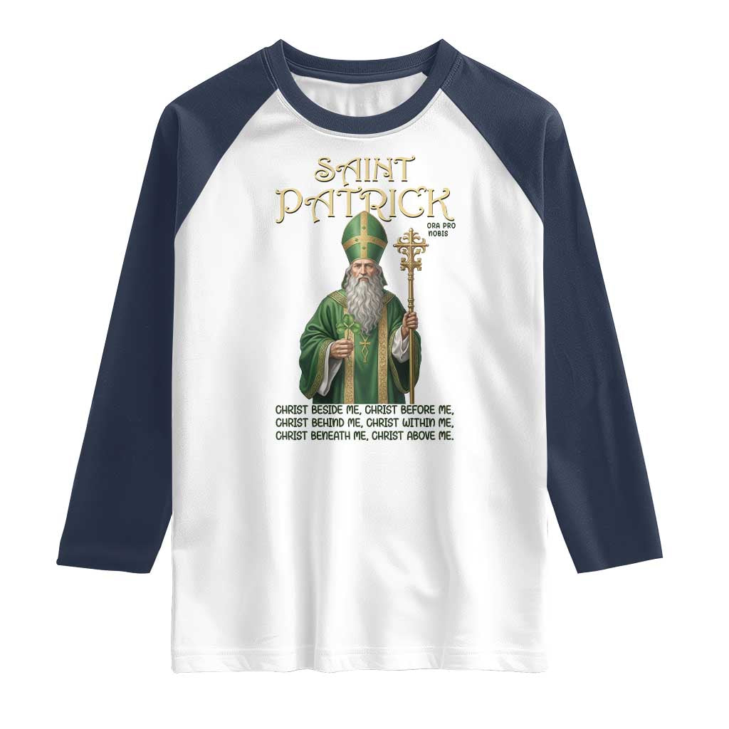 Saint Patrick Ora Pro Nobis Raglan Shirt Irish Christian Prayer TS12 White Navy Print Your Wear