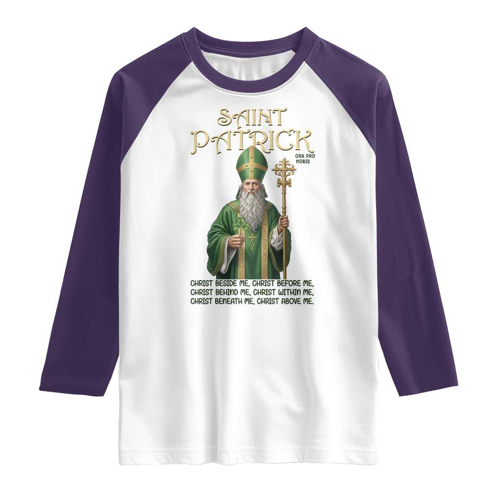 Saint Patrick Ora Pro Nobis Raglan Shirt Irish Christian Prayer TS12 White Purple Print Your Wear