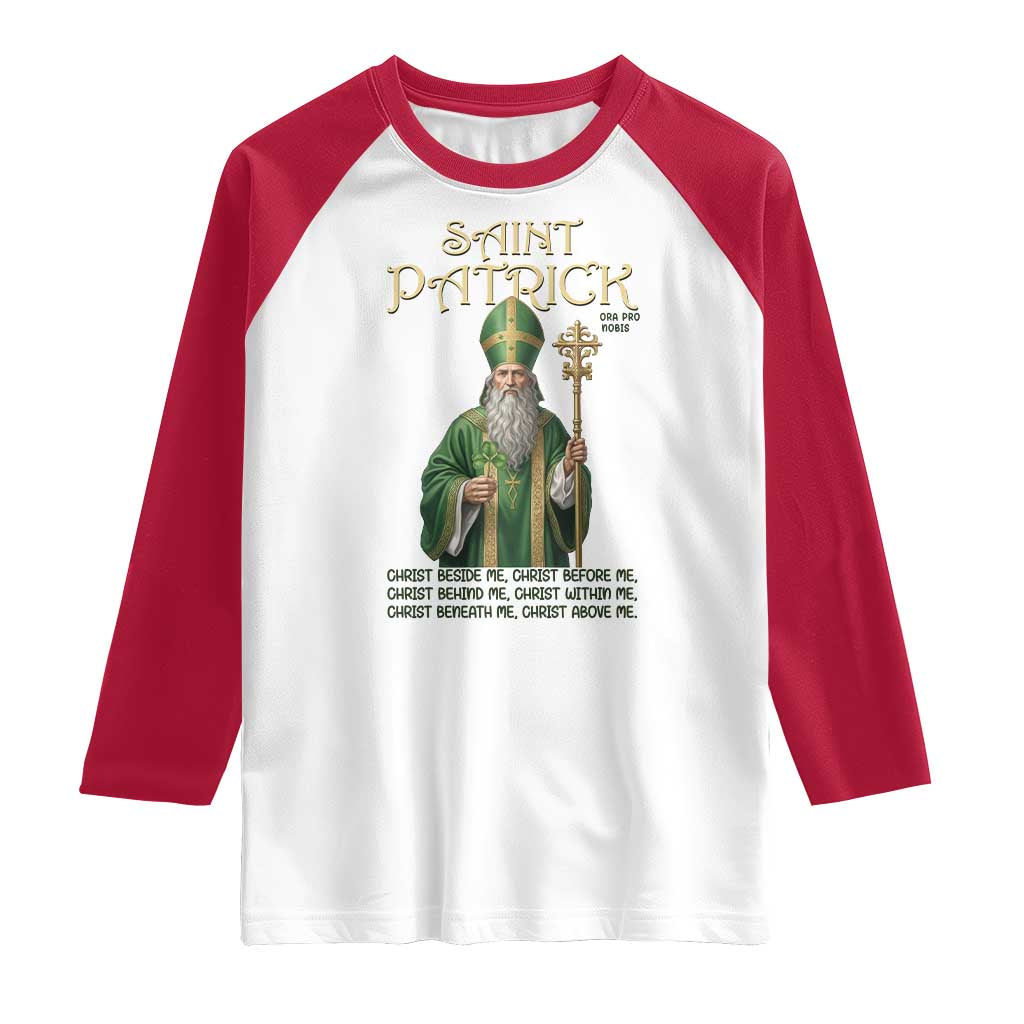 Saint Patrick Ora Pro Nobis Raglan Shirt Irish Christian Prayer TS12 White Red Print Your Wear