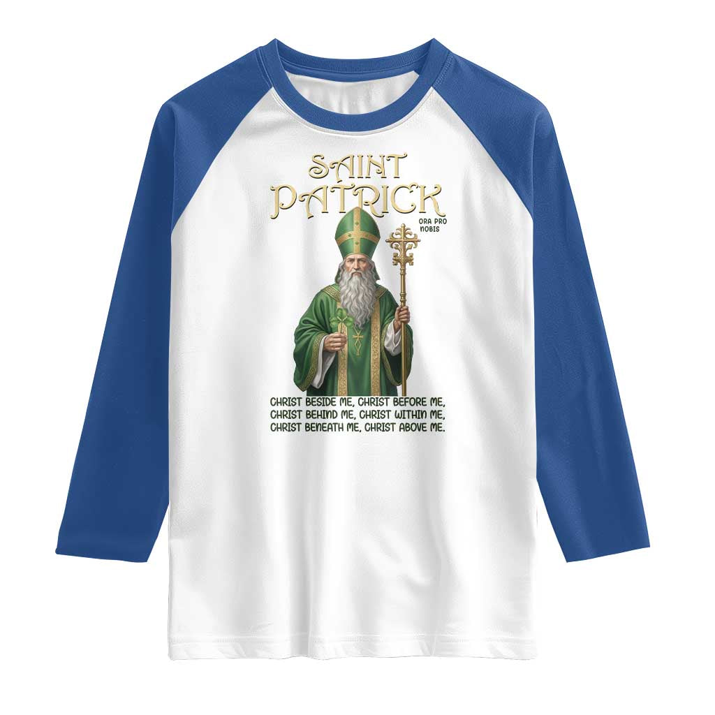 Saint Patrick Ora Pro Nobis Raglan Shirt Irish Christian Prayer TS12 White Royal Print Your Wear