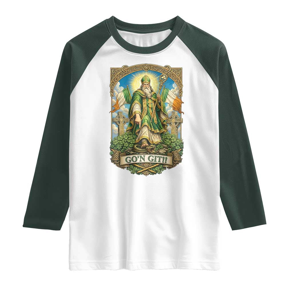 Funny Saint Patrick Go'n Git Snake Raglan Shirt St Patricks Day TS12 White Dark Forest Green Print Your Wear