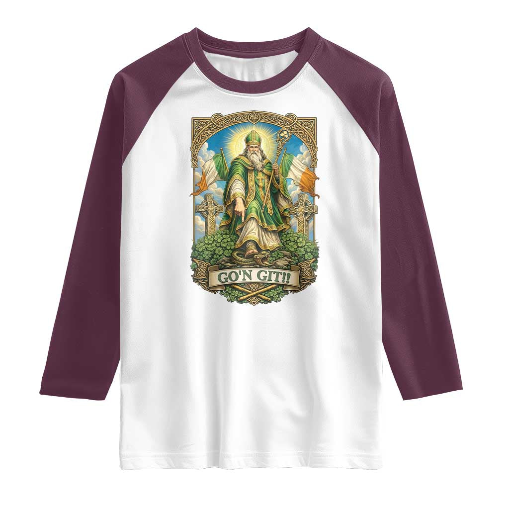 Funny Saint Patrick Go'n Git Snake Raglan Shirt St Patricks Day TS12 White Maroon Print Your Wear