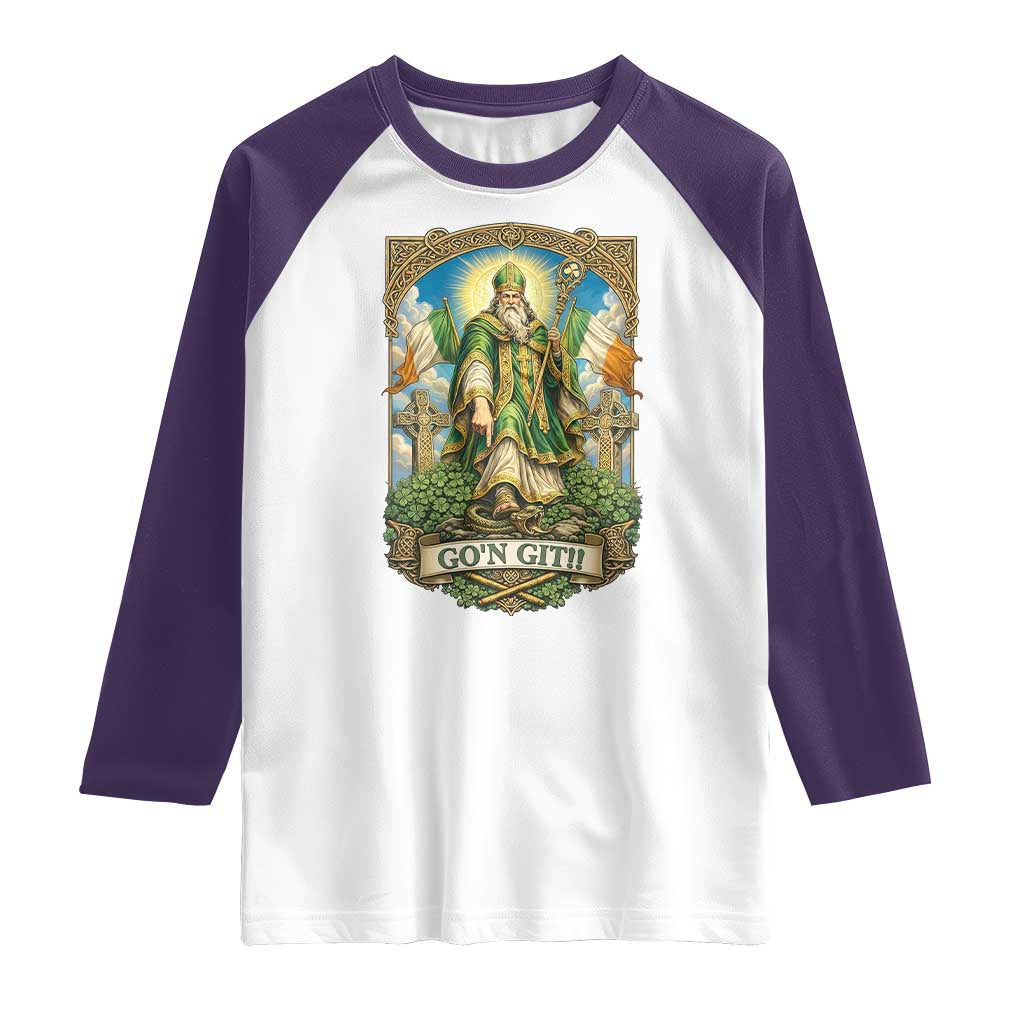 Funny Saint Patrick Go'n Git Snake Raglan Shirt St Patricks Day TS12 White Purple Print Your Wear