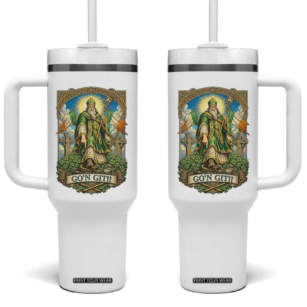 Funny Saint Patrick Go'n Git Snake Tumbler With Handle St Patricks Day TS12 One Size: 40 oz White Print Your Wear