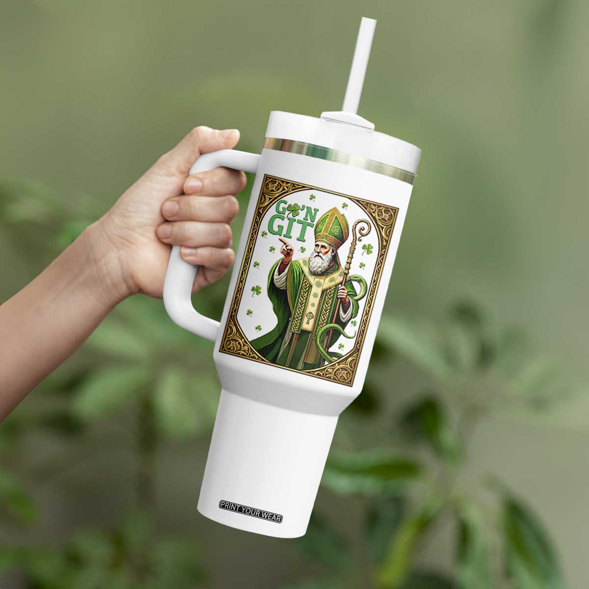 Saint Patrick Go'n Git Tumbler With Handle Funny St Patricks Day Snake Legend TS12 Print Your Wear