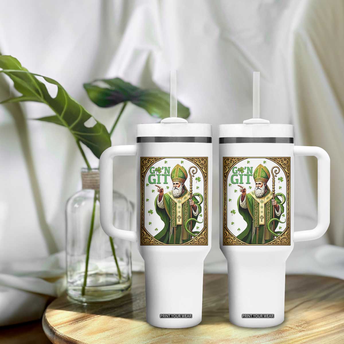 Saint Patrick Go'n Git Tumbler With Handle Funny St Patricks Day Snake Legend TS12 Print Your Wear