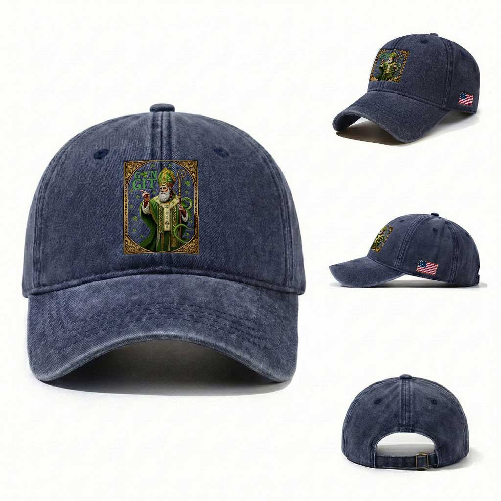 Saint Patrick Go'n Git Washed Cotton Baseball Cap Funny St Patricks Day Snake Legend TS12 Washed Cap Universal Fit Navy Print Your Wear