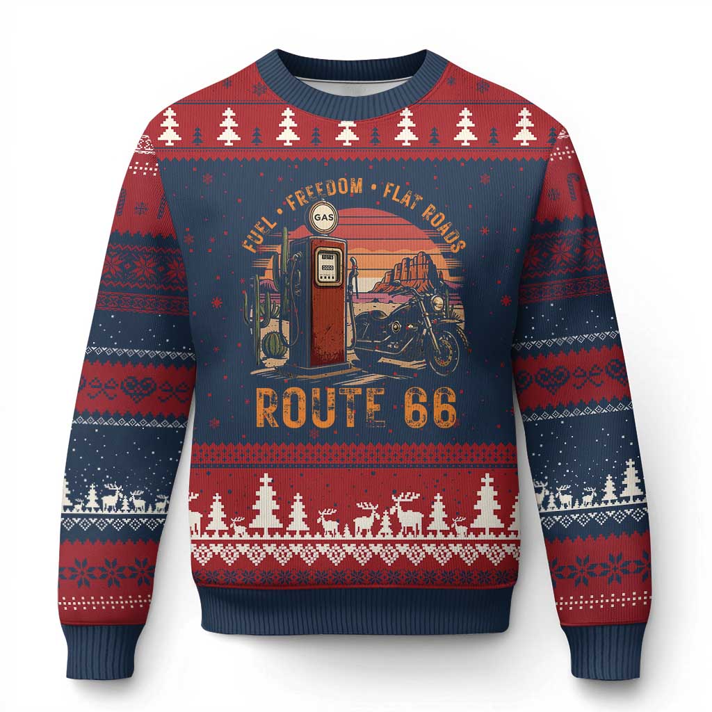 Vintage Route Highway 66 Gas Pump Ugly Christmas Sweater Fuel Freedom Flat Roads TS12 Navy Red Print Your Wear