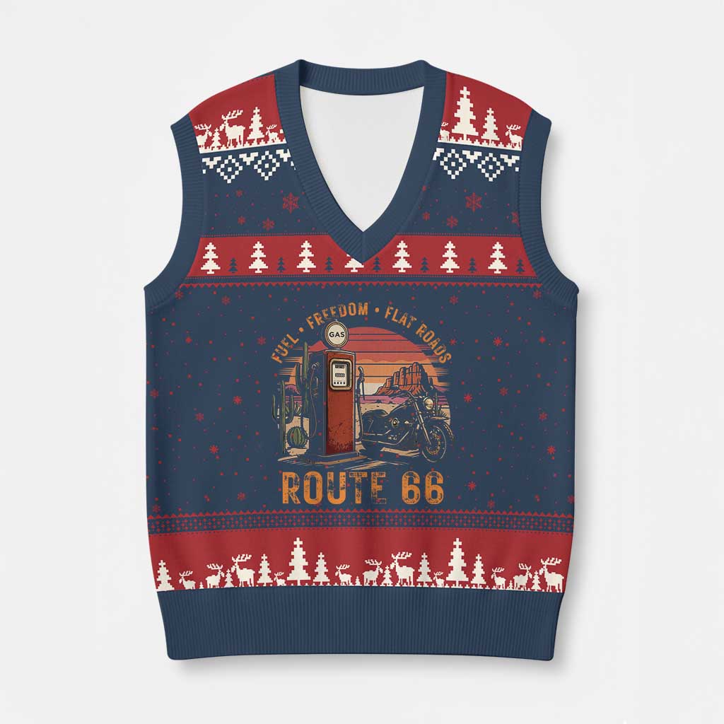 Vintage Route Highway 66 Gas Pump V-Neck Knit Sweater Vest Fuel Freedom Flat Roads TS12 Navy Red Print Your Wear