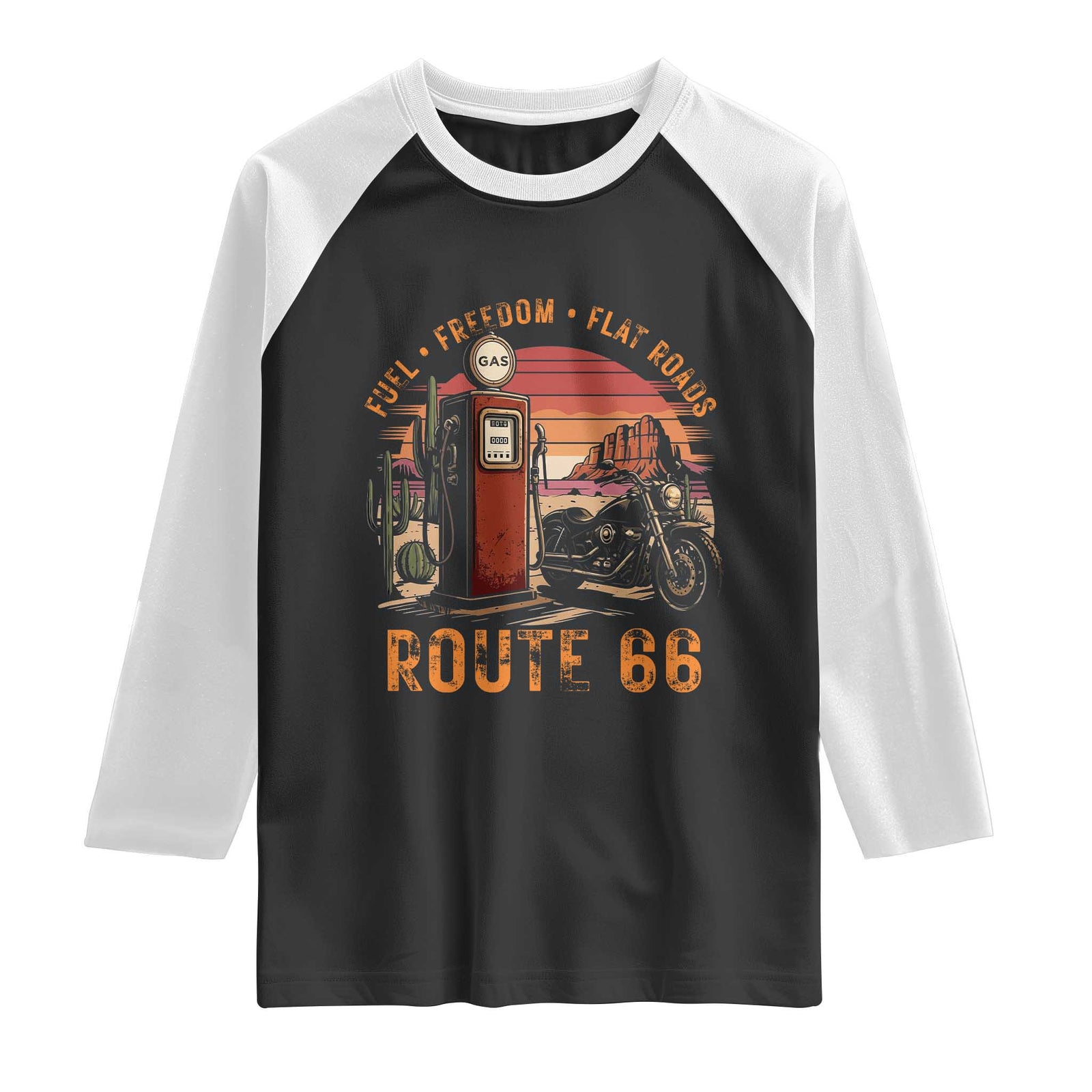 Vintage Route Highway 66 Gas Pump Raglan Shirt Fuel Freedom Flat Roads TS12 Black White Print Your Wear
